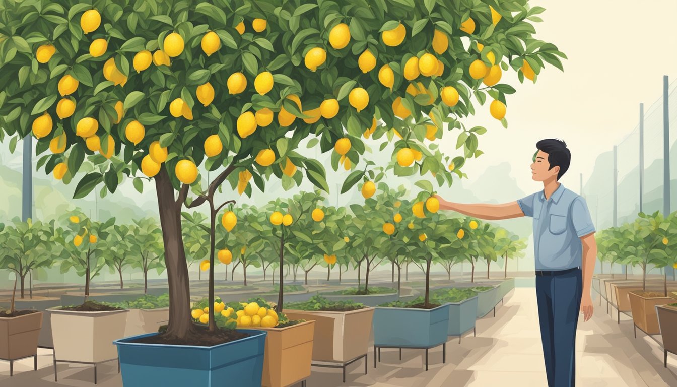 A customer carefully selects a healthy Meyer lemon tree from a variety of options at a nursery in Singapore