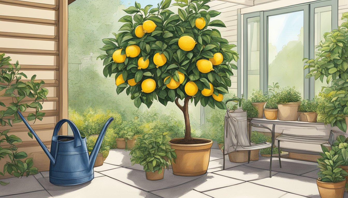 A Meyer lemon tree sits in a sunny corner of a cozy patio, surrounded by lush greenery. A watering can and bag of citrus fertilizer are nearby, ready for use