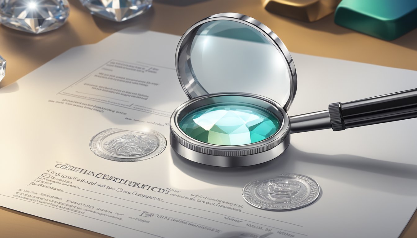 A magnifying loupe examines a sparkling diamond with a certification document in the background. The diamond's cut, clarity, color, and carat weight are being assessed for quality