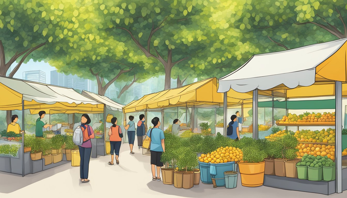 A vibrant outdoor market stall with a sign reading "Meyer Lemon Trees for Sale" in Singapore. Shoppers browse the selection of potted trees and ask the vendor questions