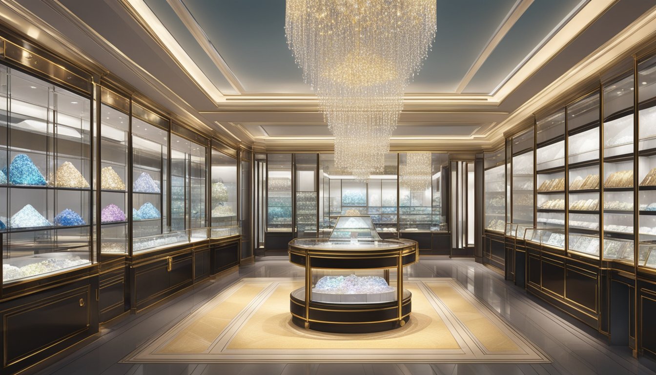 A luxurious jewelry store in Singapore displays sparkling diamonds in glass cases. Shimmering lights highlight the brilliance of the precious gems