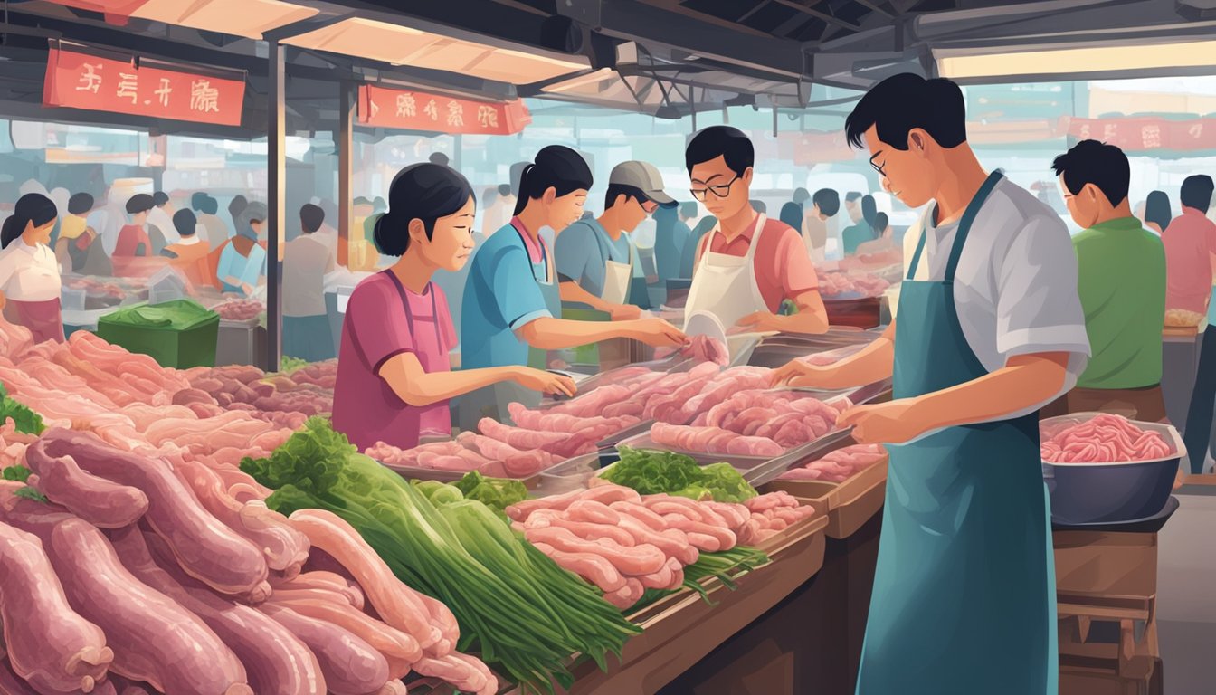 A bustling wet market stall in Singapore displays fresh pork intestines for sale. Customers browse the selection, while the vendor weighs and packages the orders