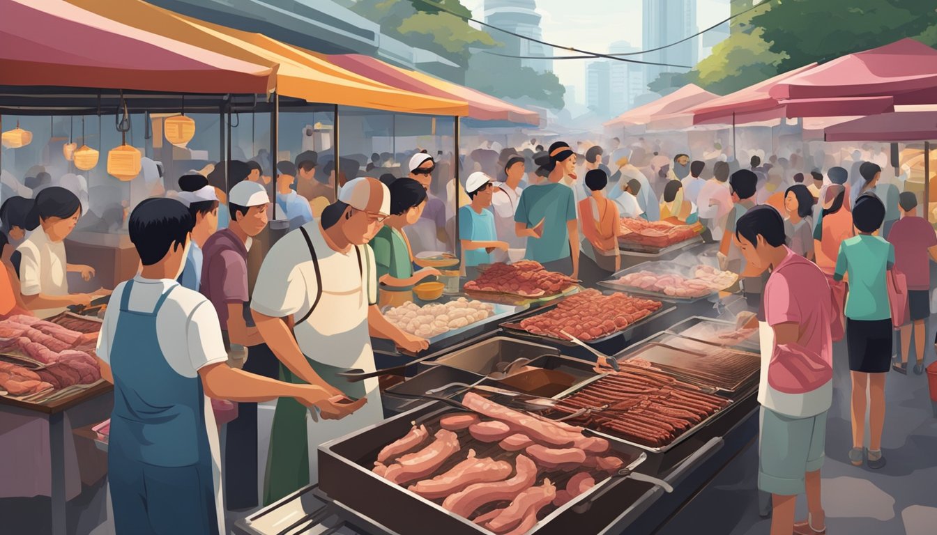 A bustling street market in Singapore, with vendors grilling and selling fresh pork intestines, surrounded by eager customers. The aroma of sizzling meat fills the air as people line up to purchase the popular delicacy