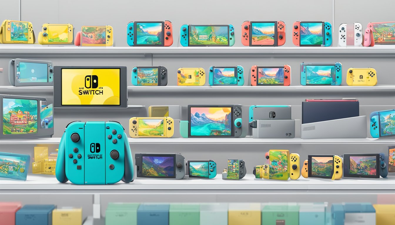 A display of Nintendo Switch Lite consoles in a Singaporean electronics store, with a prominent "Frequently Asked Questions" sign