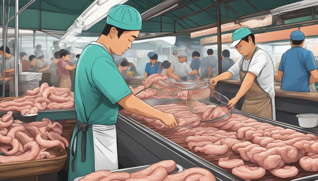 Pork intestine being cleaned and sliced in a bustling Singapore market
