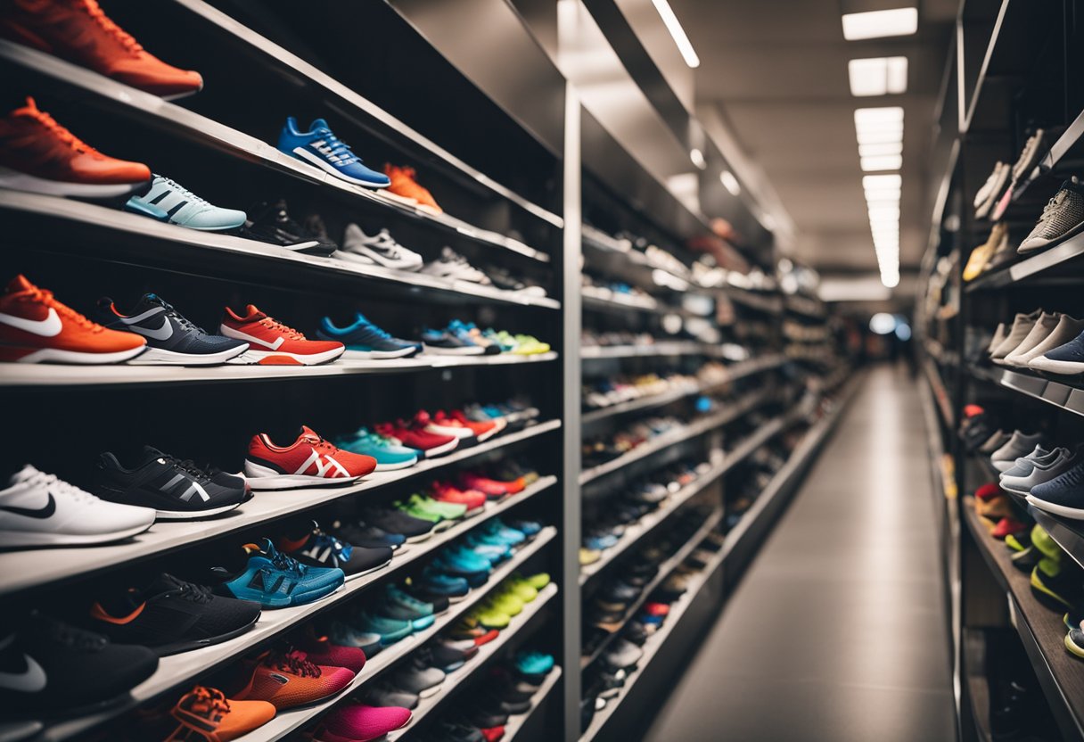 A person choosing running shoes with various options displayed on shelves