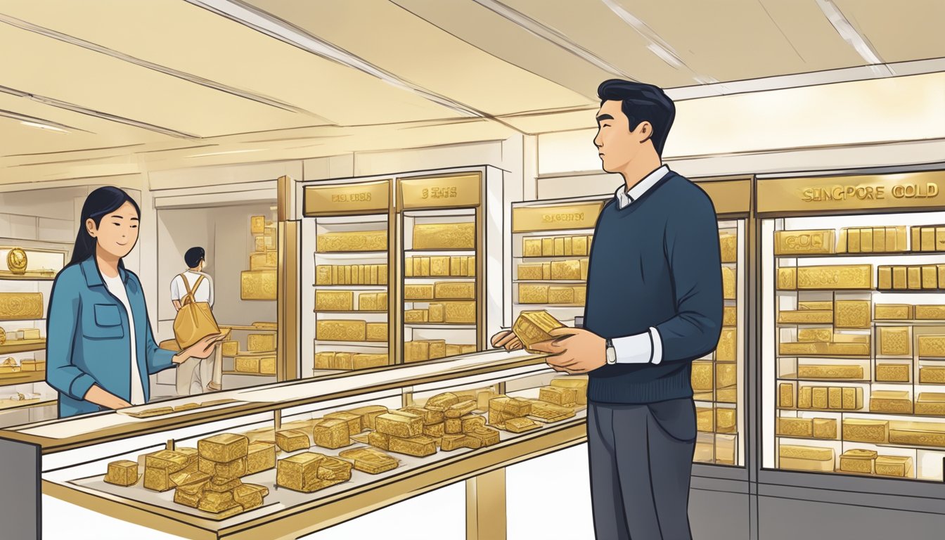A tourist walks into a Singapore gold shop, examining various gold bars and jewelry on display. The shopkeeper explains the process of purchasing gold in Singapore