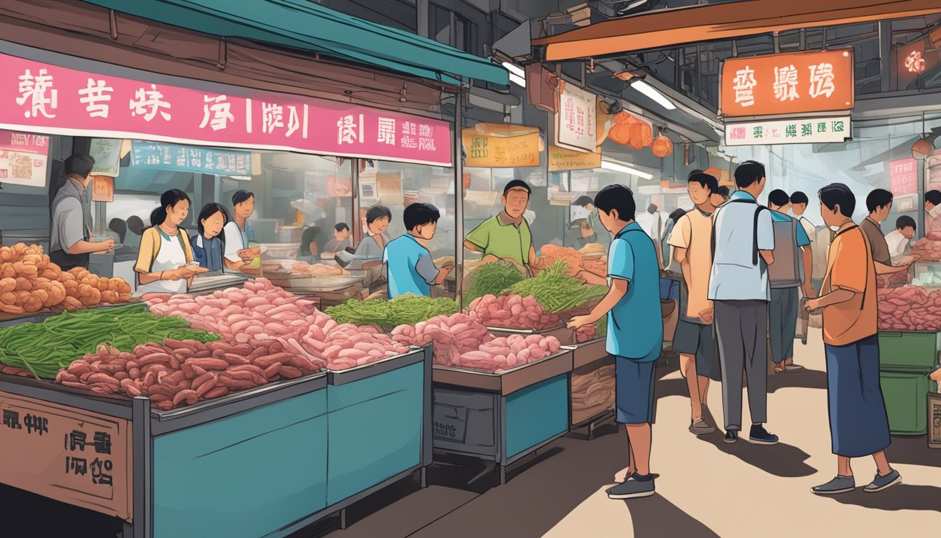 A bustling Singapore market with vendors selling pork intestines, customers browsing, and signs advertising the product