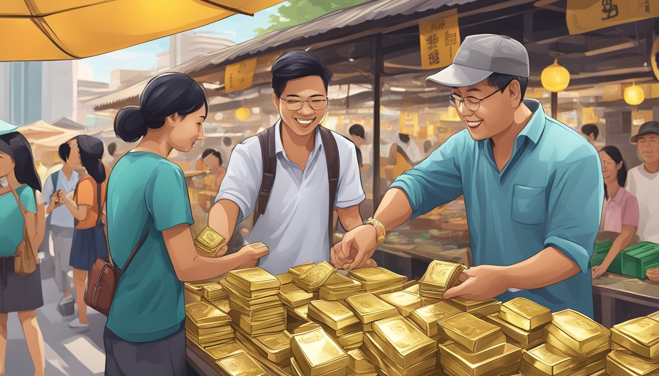 Tourists exchanging cash for gold at a Singaporean market stall
