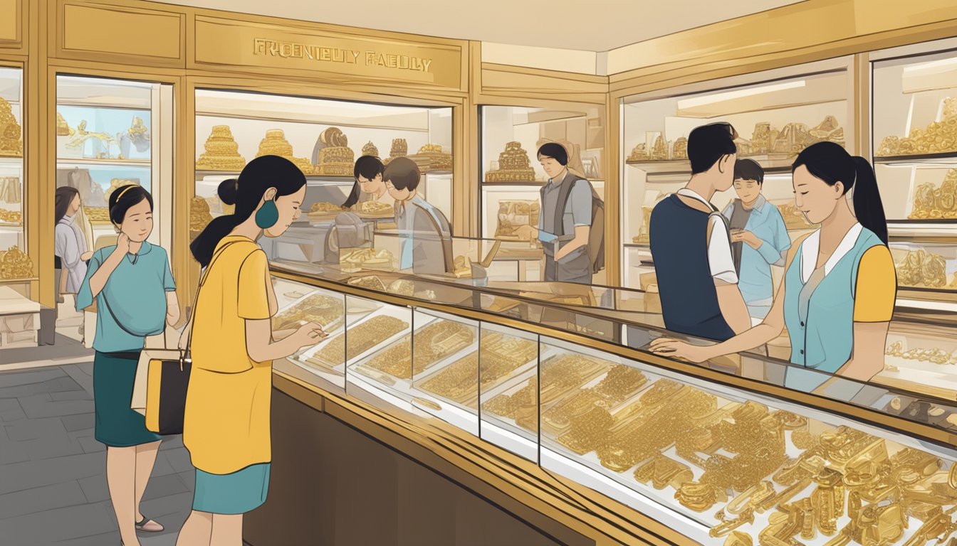 Tourists browsing through a variety of gold jewelry at a Singaporean shop, with signs indicating "Frequently Asked Questions" about purchasing