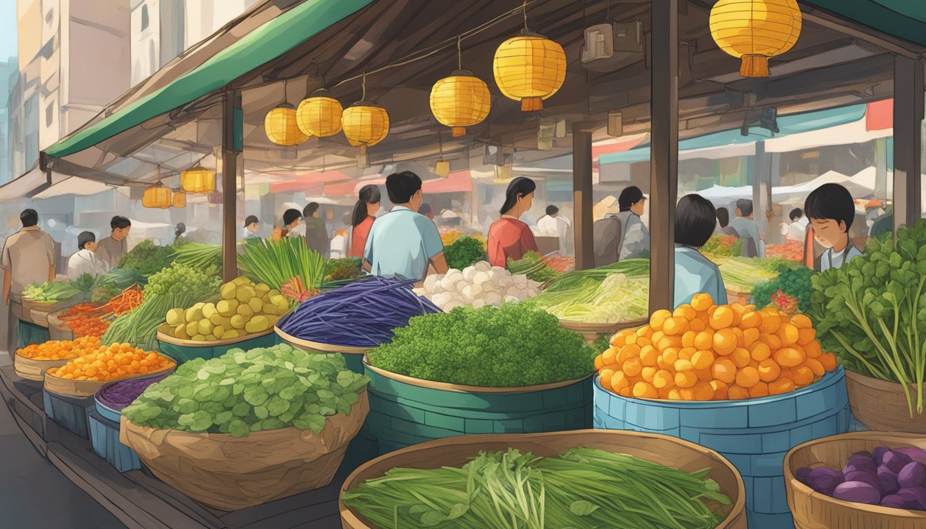 A bustling market stall in Singapore sells pang da hai, with colorful jars and fresh herbs on display