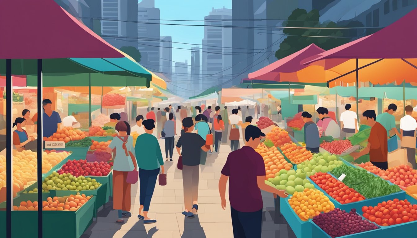 A bustling local market with vendors selling fresh pang da hai in Singapore. Customers eagerly inspecting the vibrant red fruits, surrounded by colorful stalls