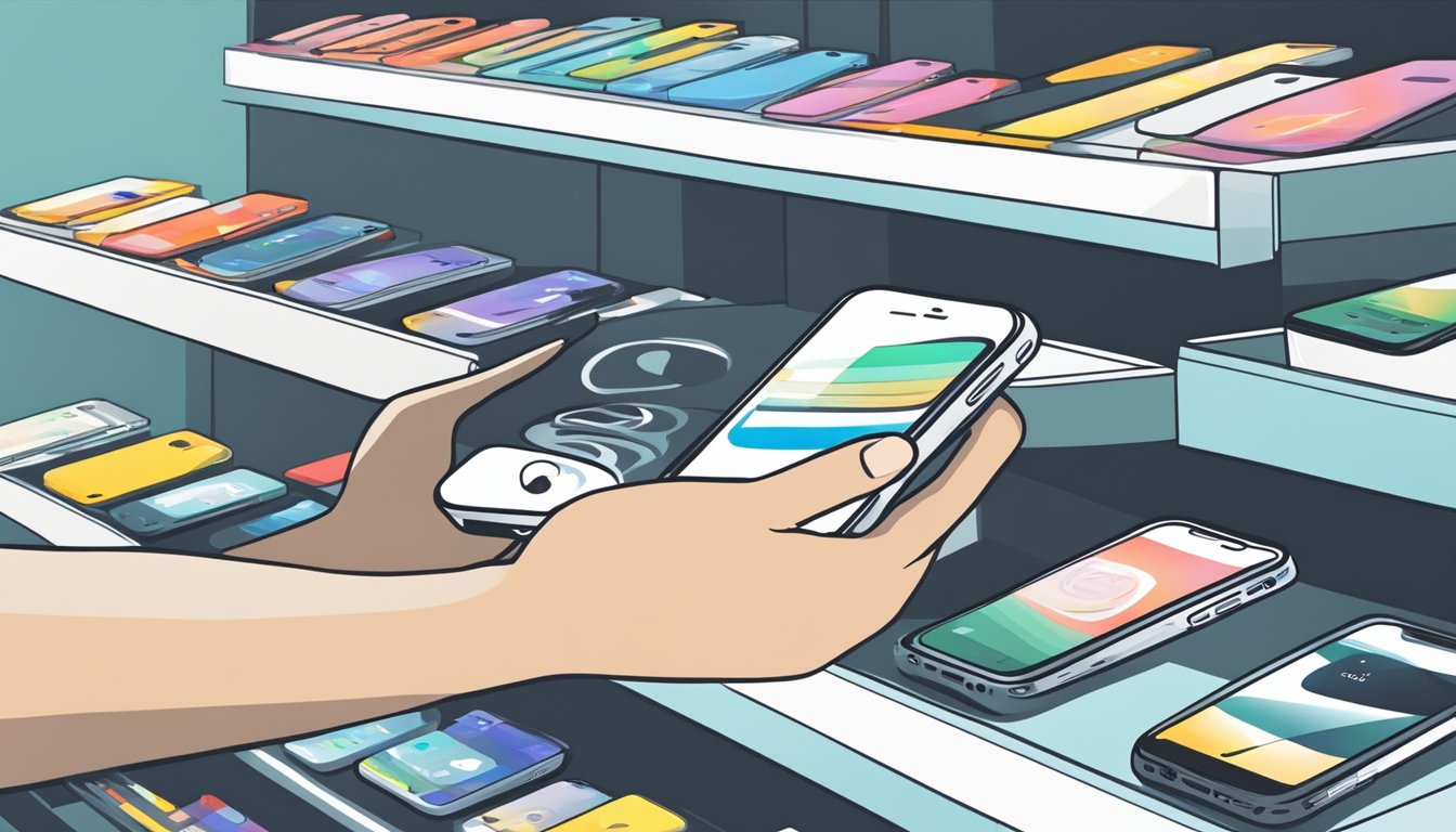 A hand reaching for iPhone models on a store shelf in Singapore. Prices are displayed, with the cheapest model highlighted