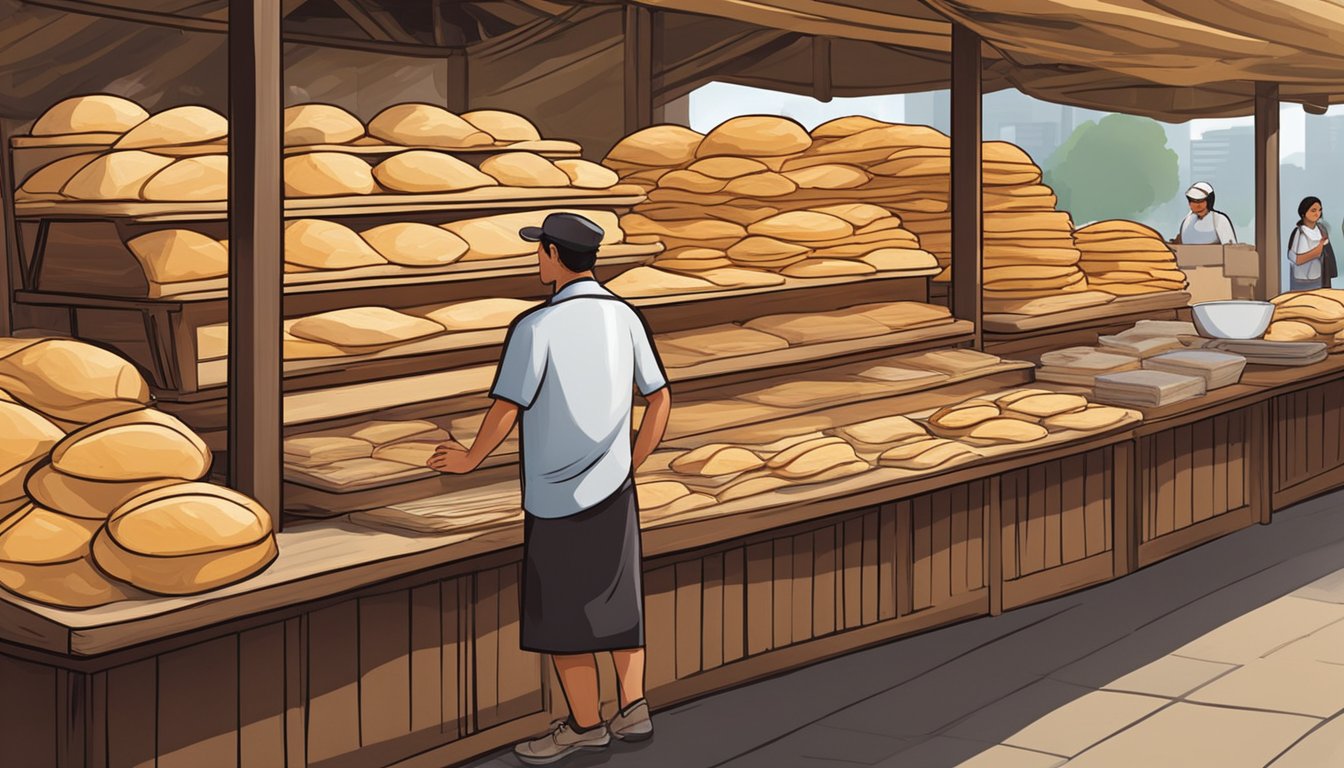 A bustling market stall displays stacks of fresh pita bread in Singapore. The warm, golden-brown loaves are neatly arranged on a wooden table, enticing passersby with their enticing aroma