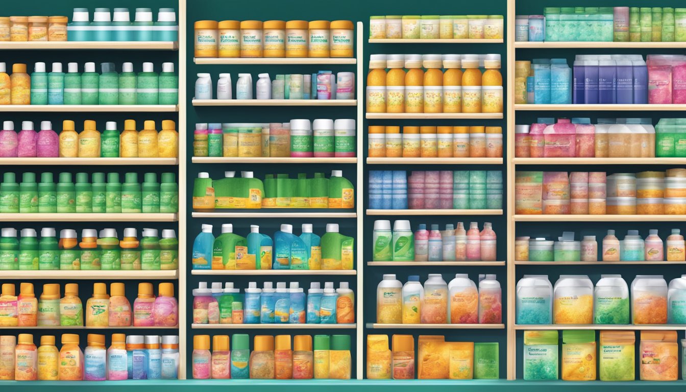 A colorful display of prickly heat powder on shelves in a Singaporean pharmacy, with various brands and sizes available for purchase