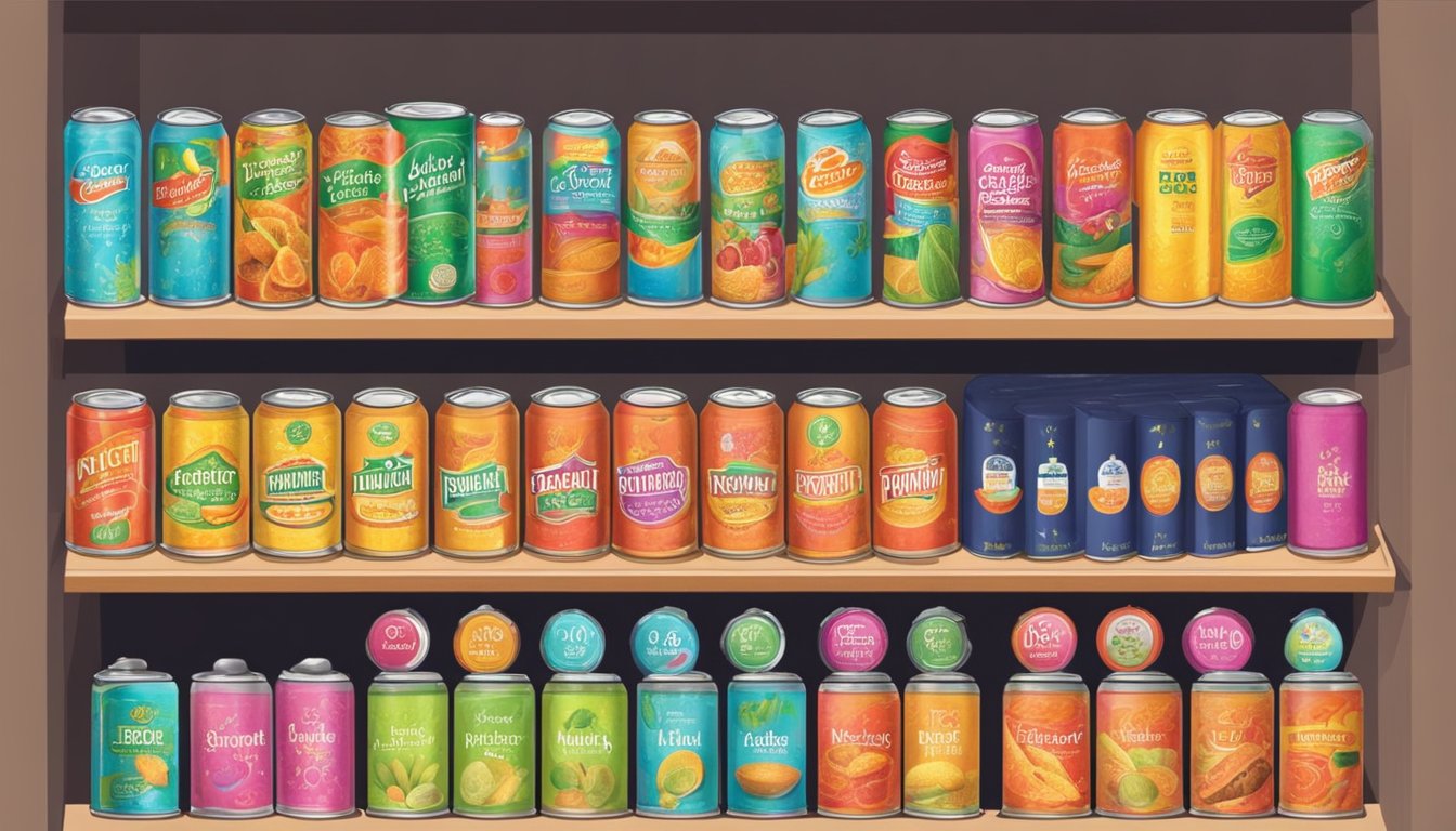 A colorful display of prickly heat powder cans on shelves in a Singaporean store. Shoppers browsing the selection with interest
