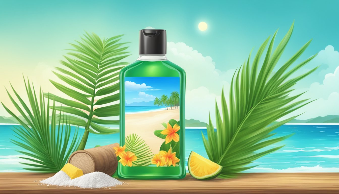 A tropical beach scene with a bottle of prickly heat powder placed on a wooden table, surrounded by lush green palm trees and a clear blue sky