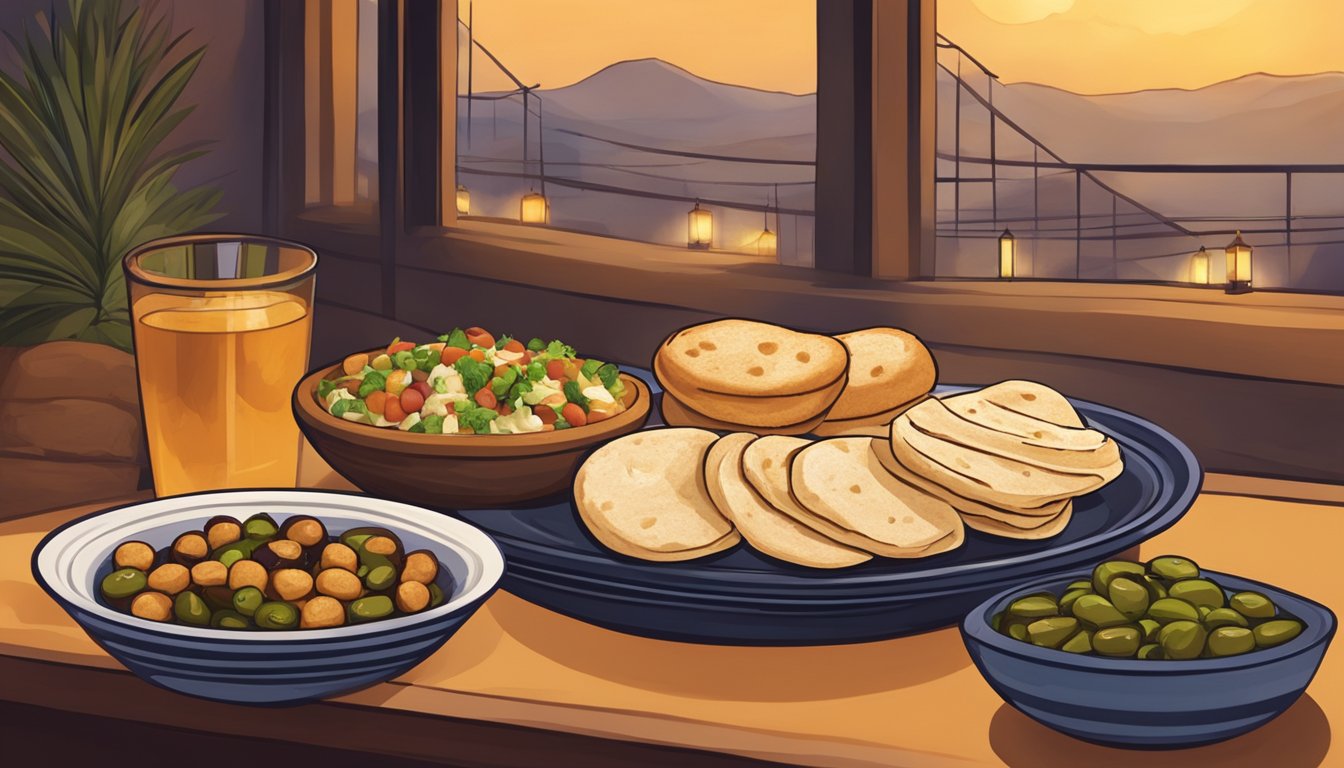 A table set with a plate of fresh pita bread, accompanied by bowls of hummus, olives, and falafel. A warm, inviting atmosphere with soft lighting and vibrant colors