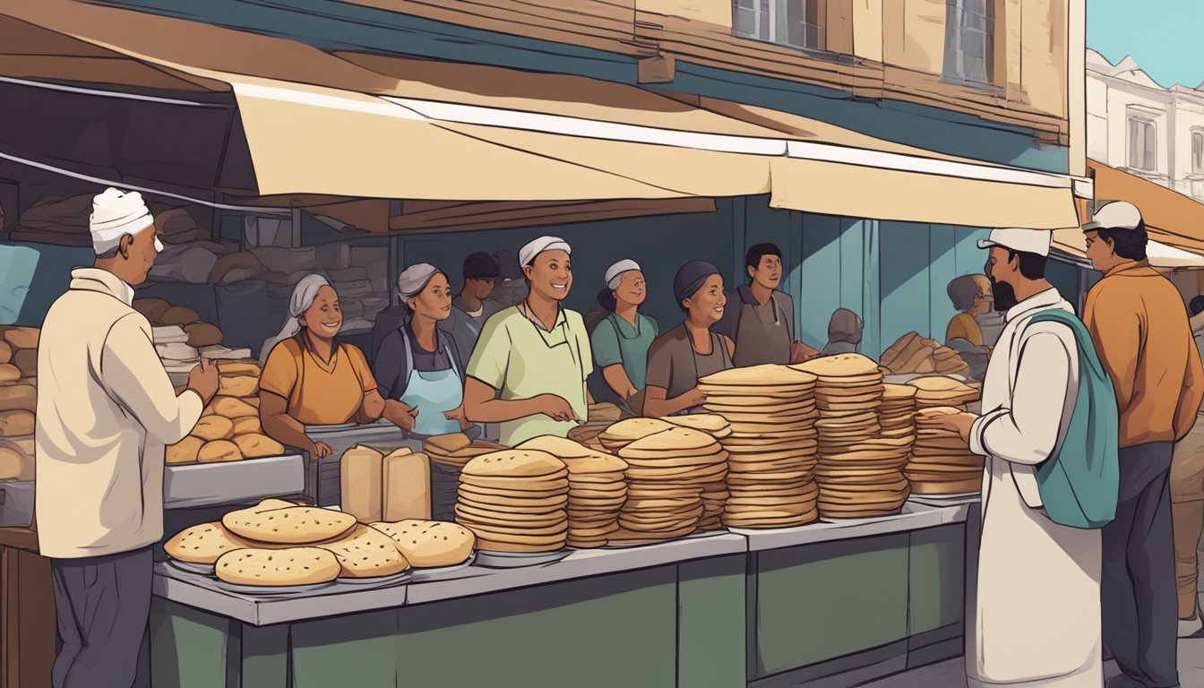 A bustling market stall with fresh pita bread stacked neatly on display, surrounded by curious customers and a friendly vendor ready to answer questions