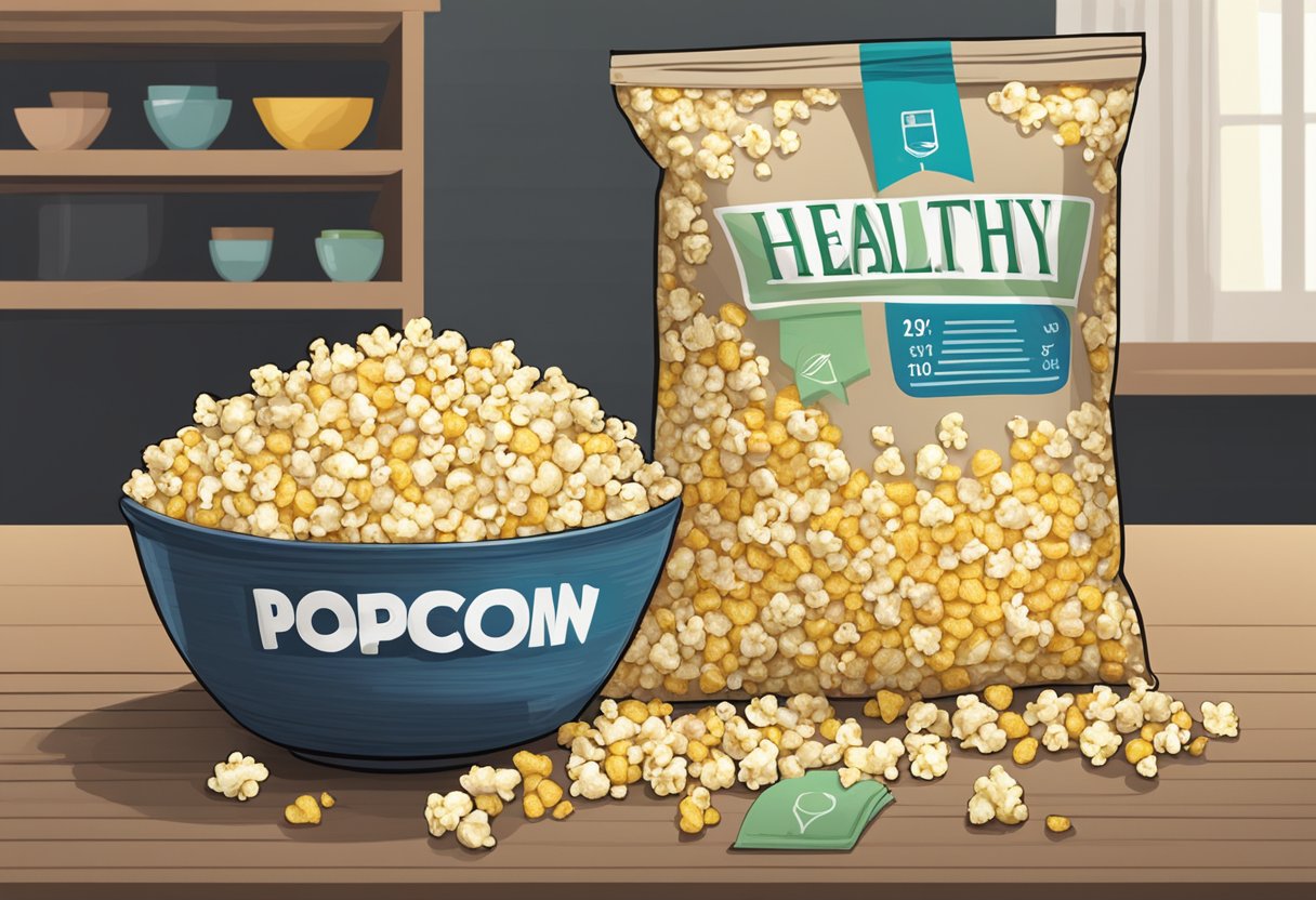 A bowl of popcorn sits on a table next to a pile of fresh corn. A nutrition label is visible, with the words "popcorn" and "healthy" highlighted