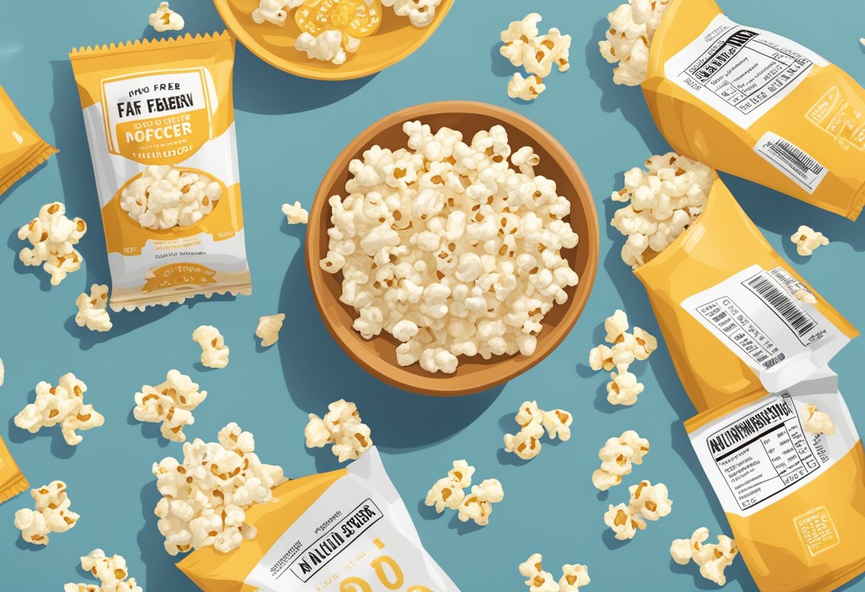 A bowl of air-popped popcorn sits next to a nutritional label showing low calories, high fiber, and no added sugars or fats