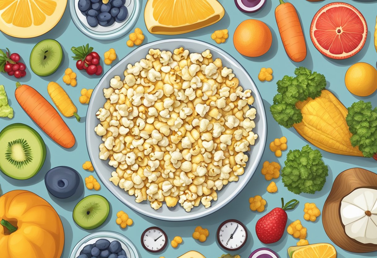 A bowl of popcorn surrounded by various health-related items such as a scale, measuring tape, fruits, and vegetables