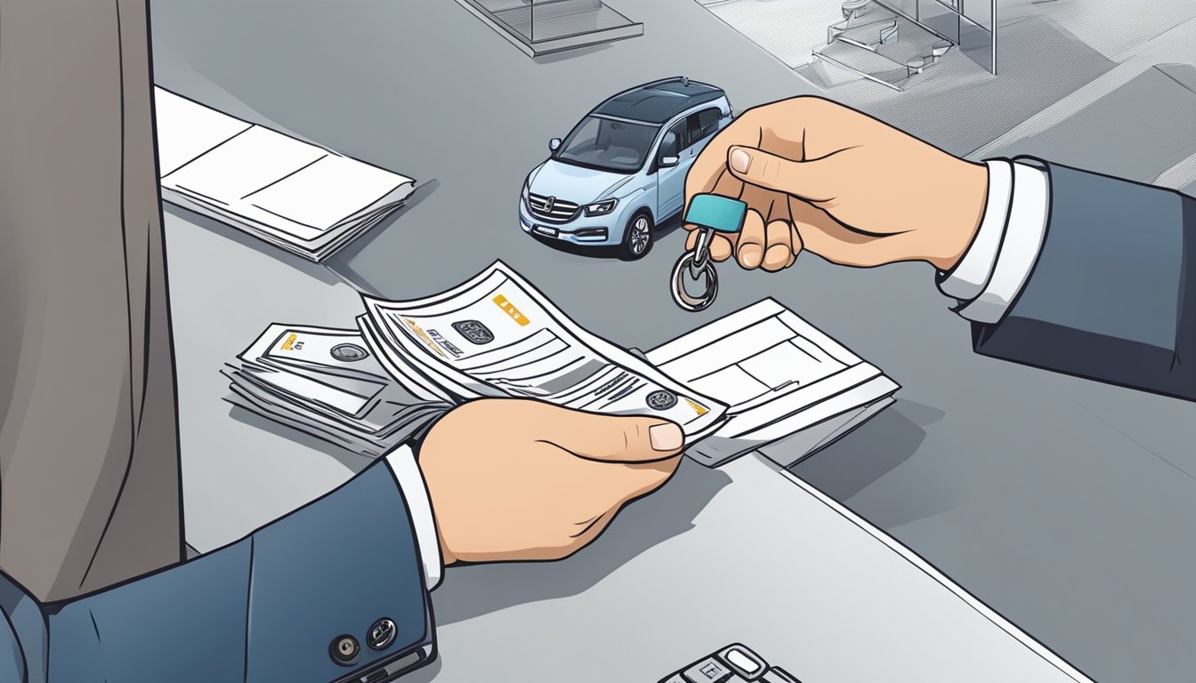 A customer hands over payment to a dealer at a commercial vehicle showroom in Singapore. Paperwork and keys exchange hands, completing the purchase