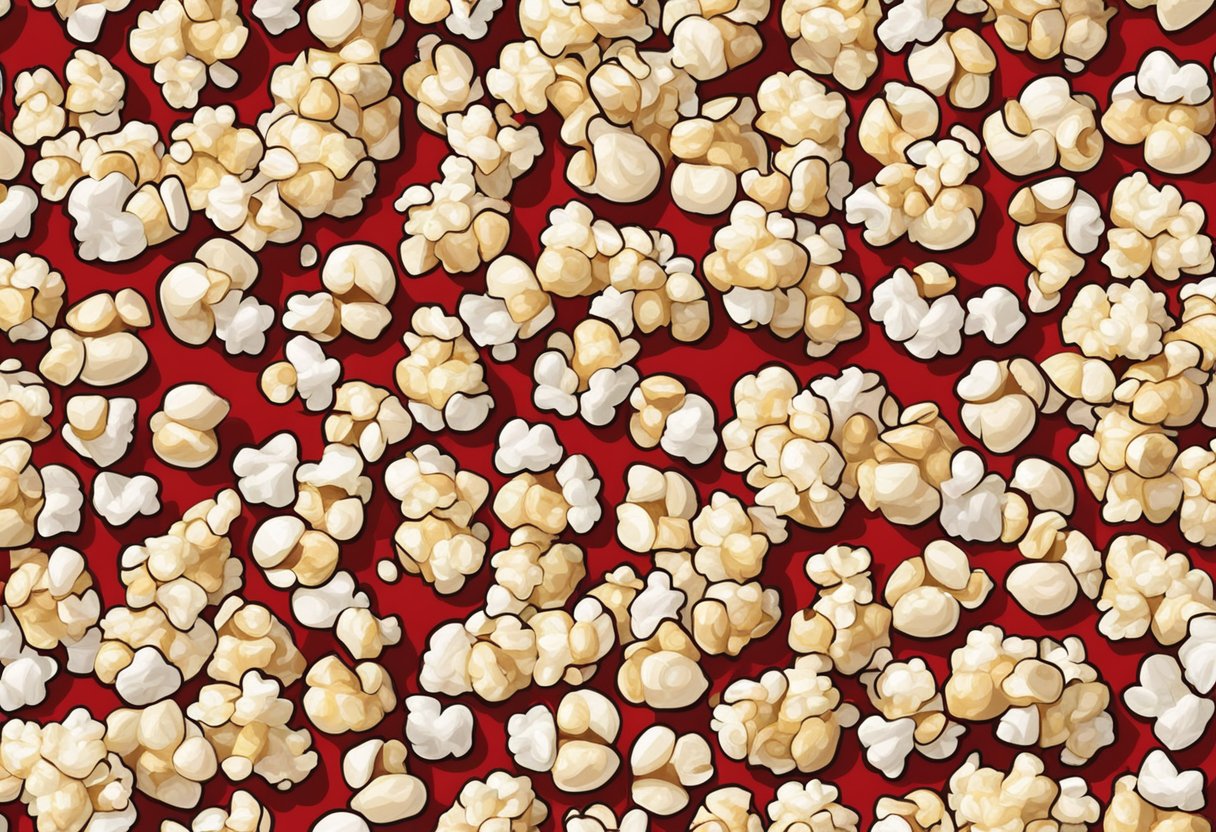 Popcorn kernels scattered on a red and white striped paper bag