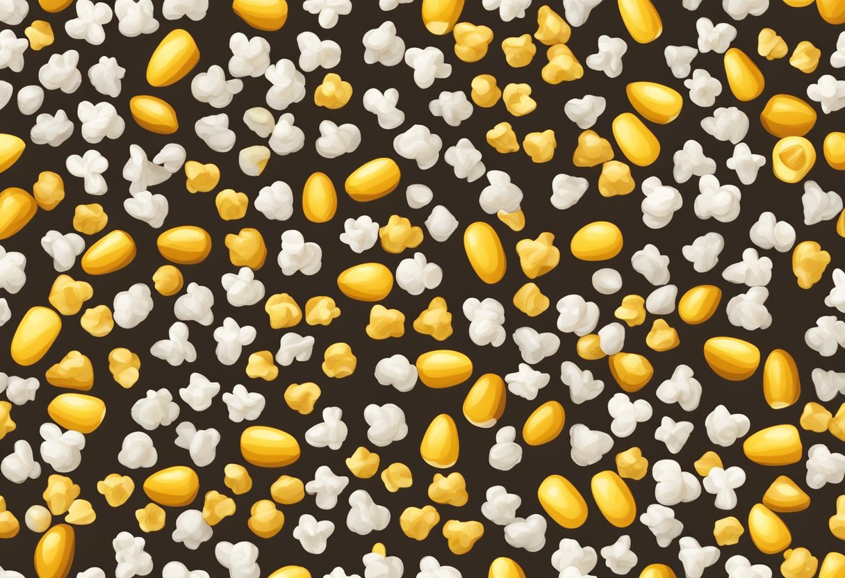 A variety of popcorn kernels scattered across a wooden table, including yellow, white, and multicolored options