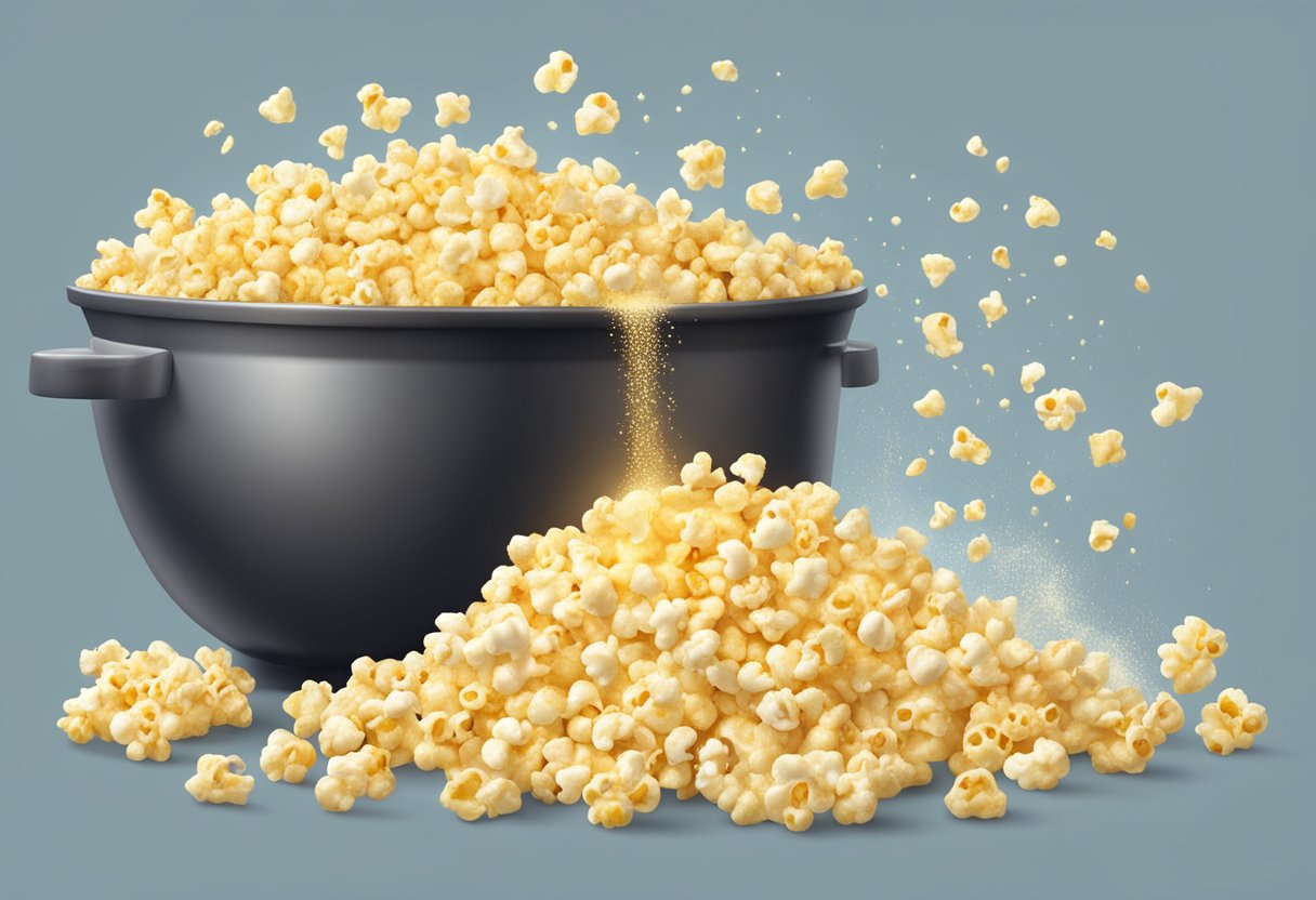 Popcorn kernels being poured into a large pot, then drizzled with melted butter and sprinkled with salt and seasoning