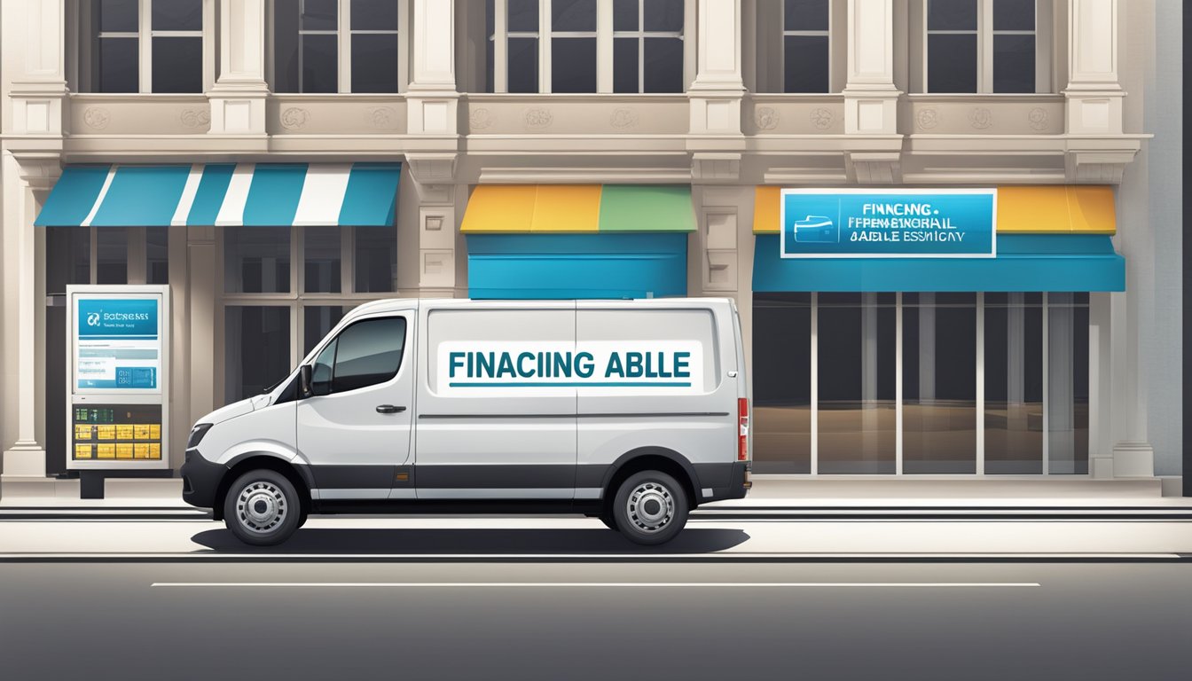 A commercial vehicle parked in front of a financial institution with a sign displaying "Financing Available." A cost breakdown chart is visible through the window