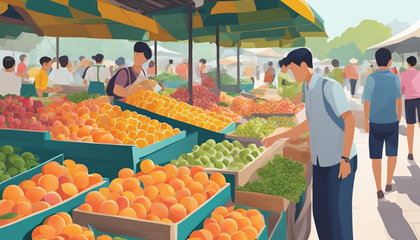 A bustling outdoor market stall displays fresh peaches in Singapore. Shoppers browse the colorful array of fruit, while a vendor arranges the juicy peaches in neat rows