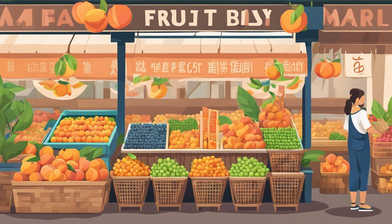 A colorful fruit market stall with fresh peaches neatly displayed in baskets and vibrant signage advertising the best places to buy peaches in Singapore