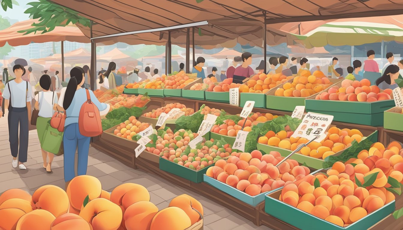 A colorful display of various peach varieties in a bustling market, with signs indicating the different seasons they are available. A map of Singapore highlights locations to buy peaches