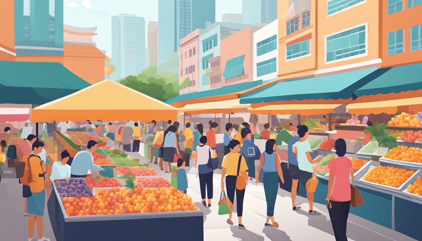A bustling marketplace with colorful stalls selling fresh peaches in Singapore. Customers browse, while vendors eagerly promote their juicy fruits