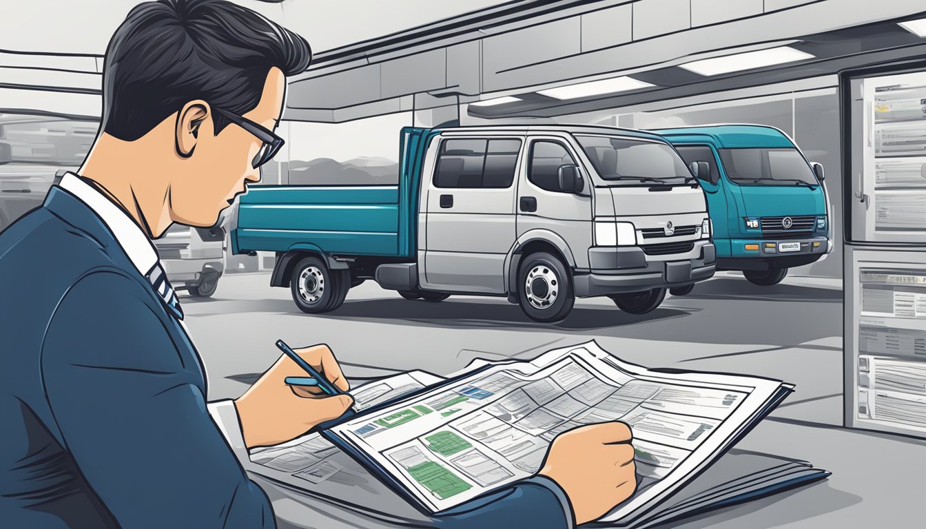 A customer browsing through a brochure of commercial vehicles with price tags and specifications displayed