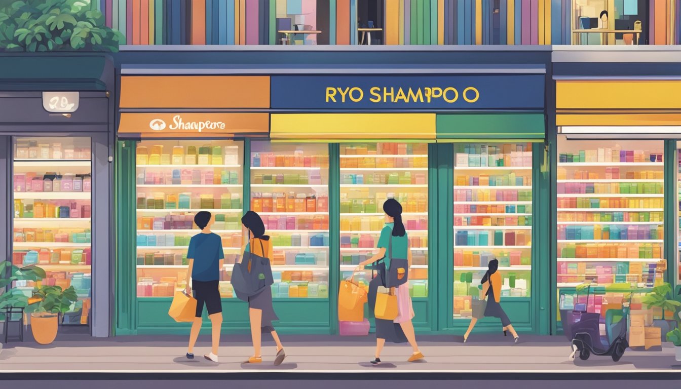 A busy street in Singapore with a colorful storefront displaying "Ryo Shampoo" in bold letters. Shoppers are browsing the shelves inside