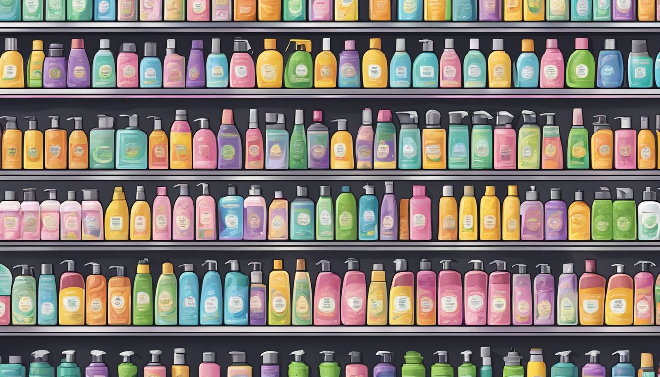 A brightly lit modern store shelf displays rows of Ryo shampoo bottles in various sizes and scents, neatly organized and labeled with prices in a bustling Singapore shopping district