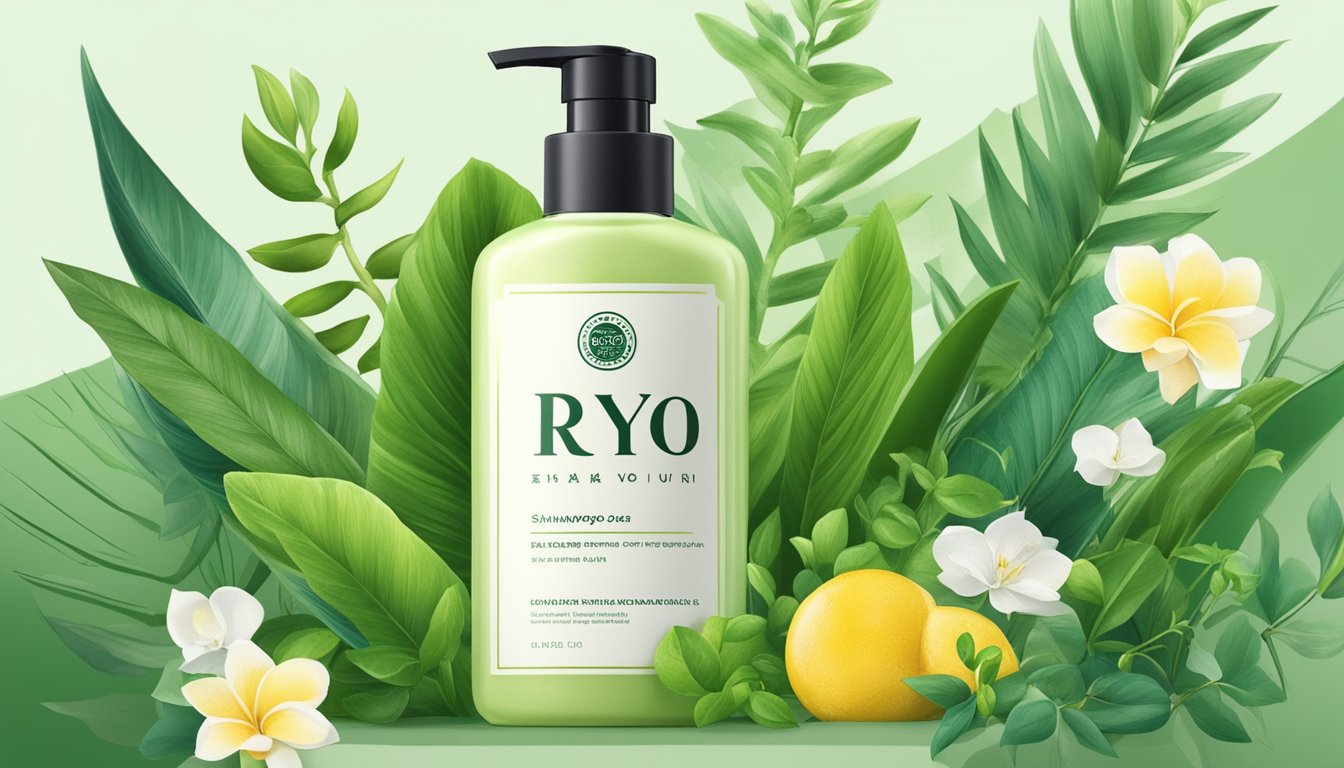 A bottle of Ryo Shampoo surrounded by lush green botanicals, with a prominent display of the product's benefits and availability in Singapore