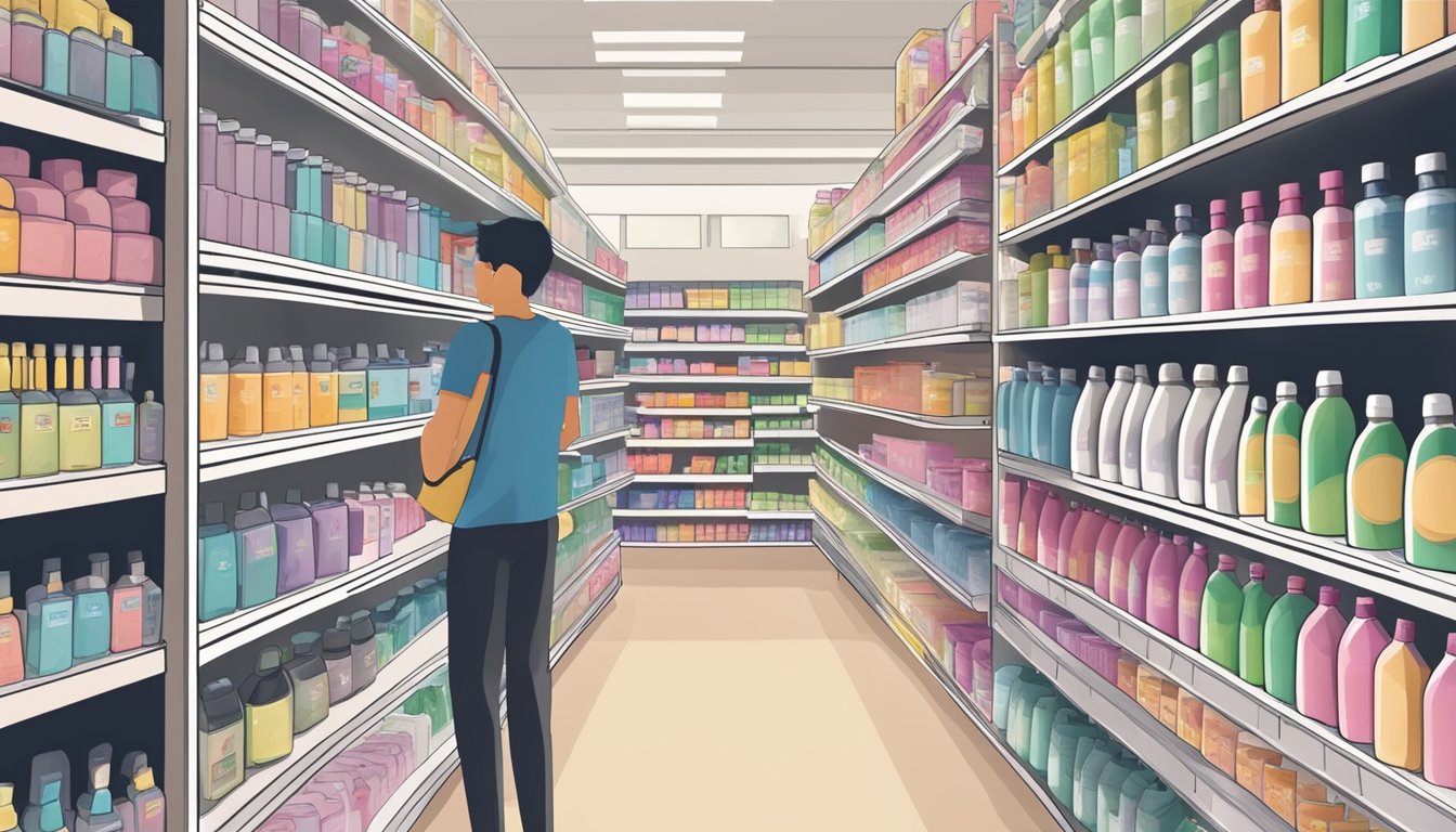 Shelves stocked with Ryo shampoo at a Singapore store, with a customer browsing nearby