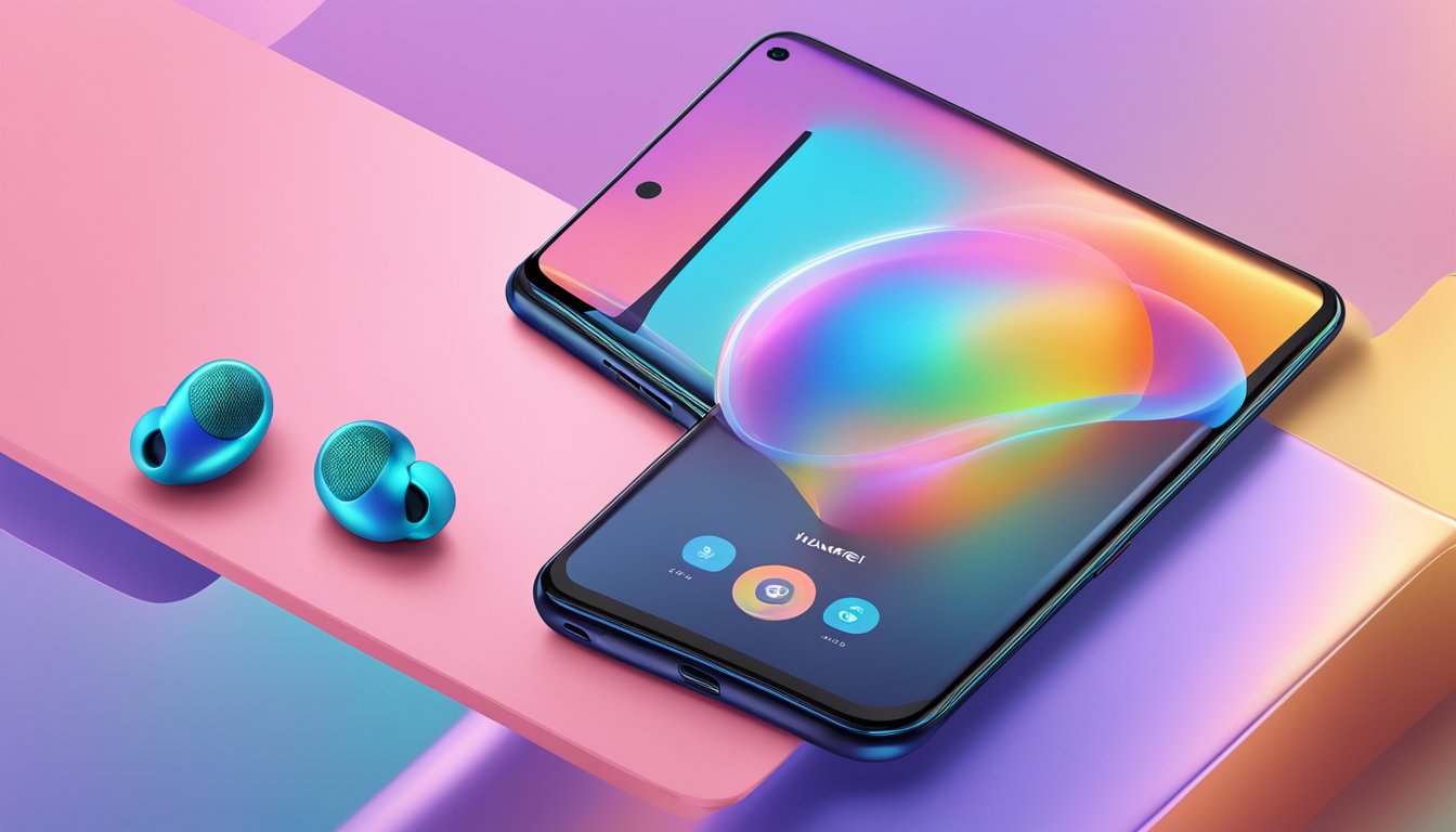 Huawei FreeBuds 3 connected to a smartphone, emitting exceptional sound waves