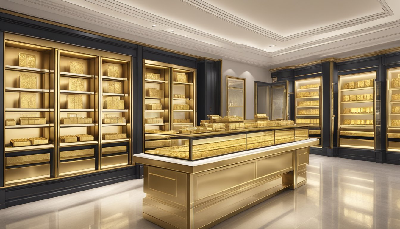 A luxurious, well-lit gold shop in Singapore, with a display of PAMP gold bars on polished shelves