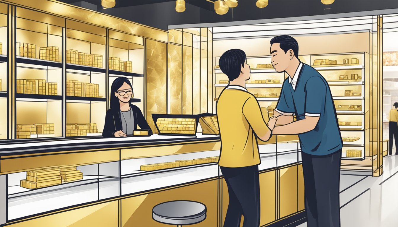 A customer at a sleek, modern counter in a Singaporean gold shop, receiving a PAMP gold bar from a staff member