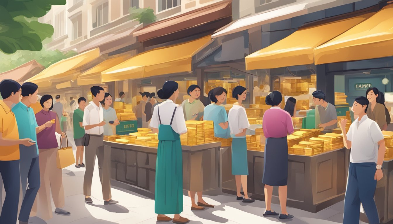 A bustling Singapore market with a prominent display of PAMP gold bars, surrounded by curious customers and a vendor ready to answer questions