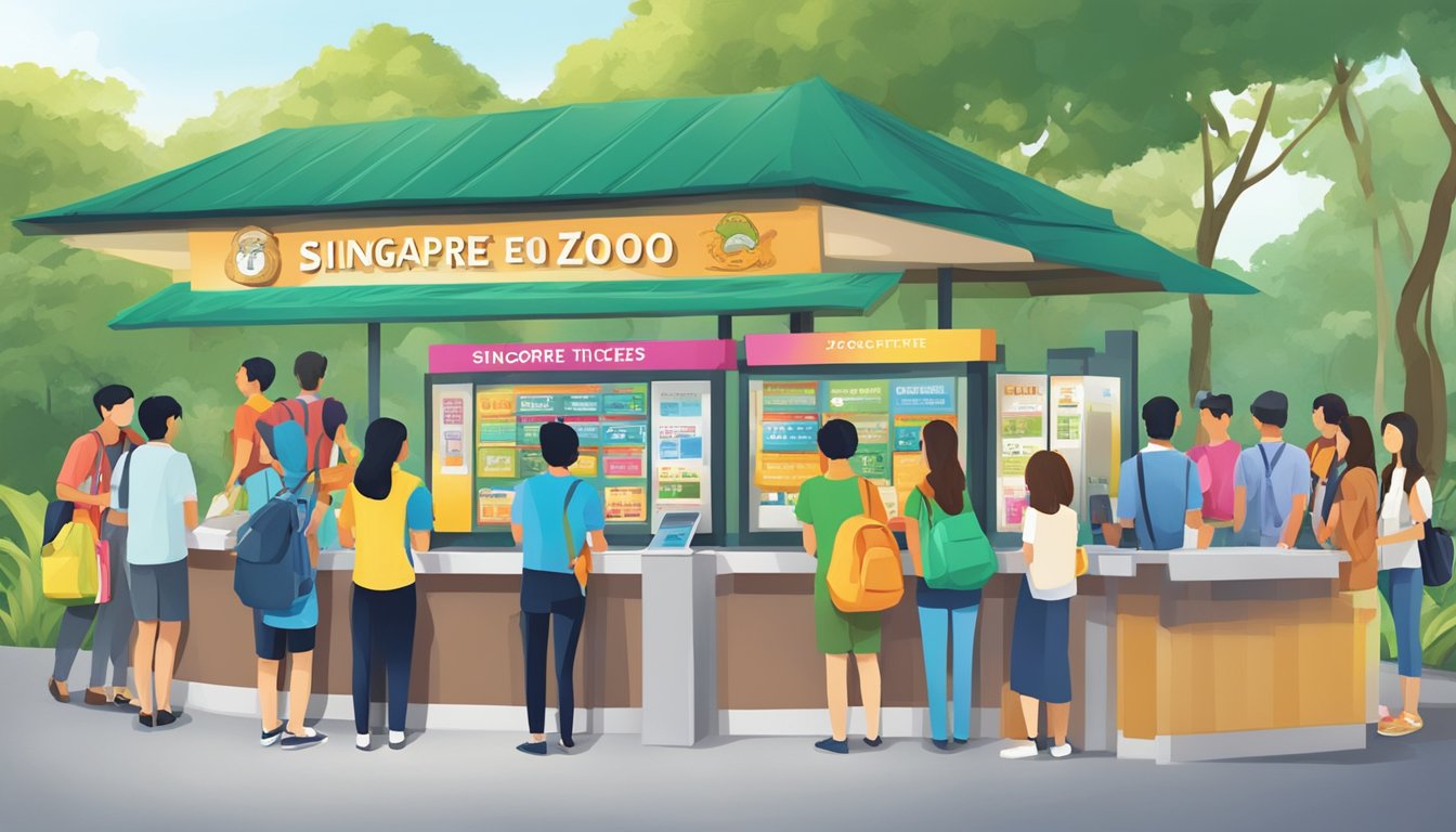 Visitors purchase Singapore Zoo tickets at the ticket counter with a colorful sign and a queue of people