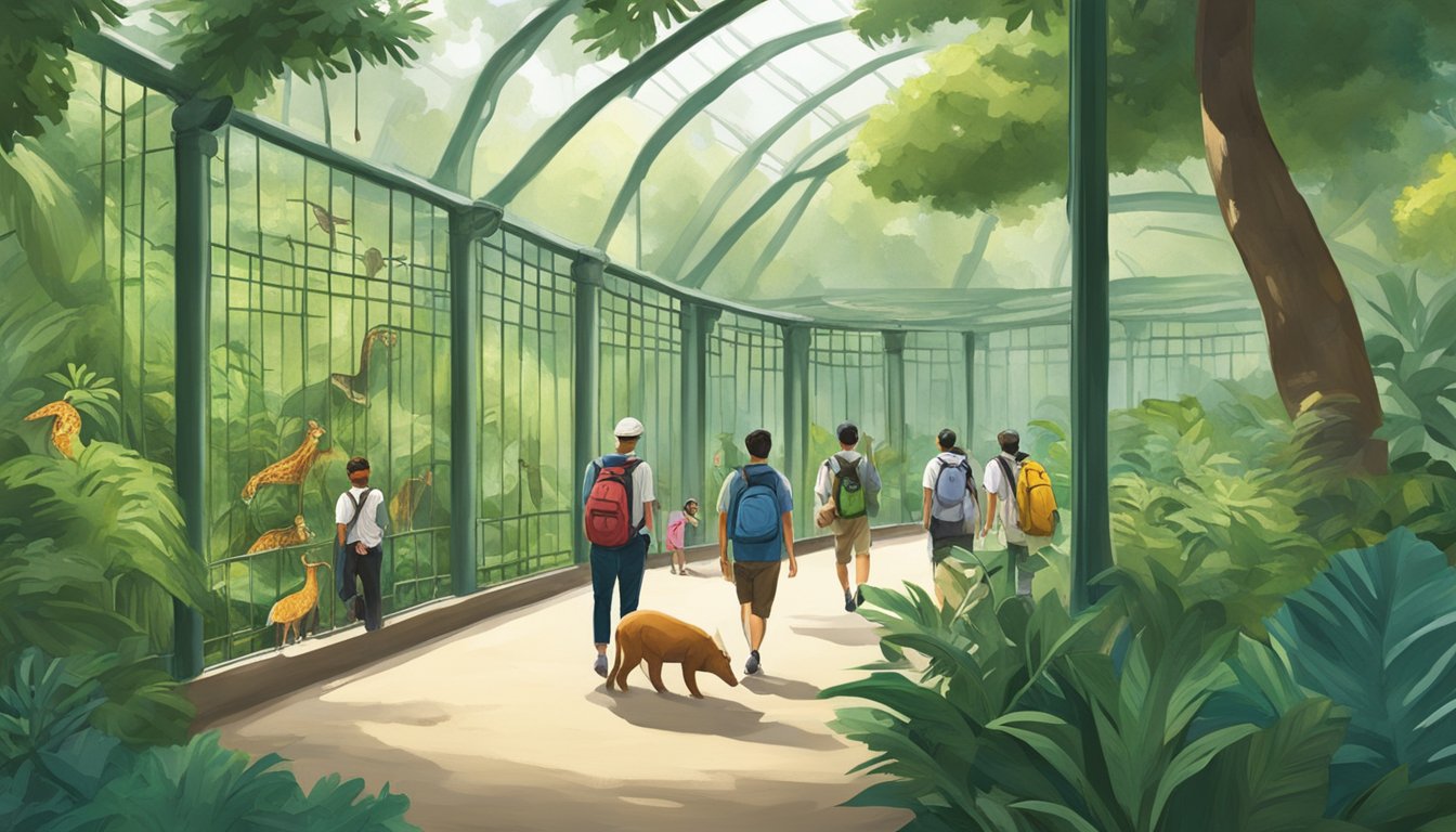 Visitors wander through lush greenery, observing exotic animals in spacious enclosures at the Singapore Zoo