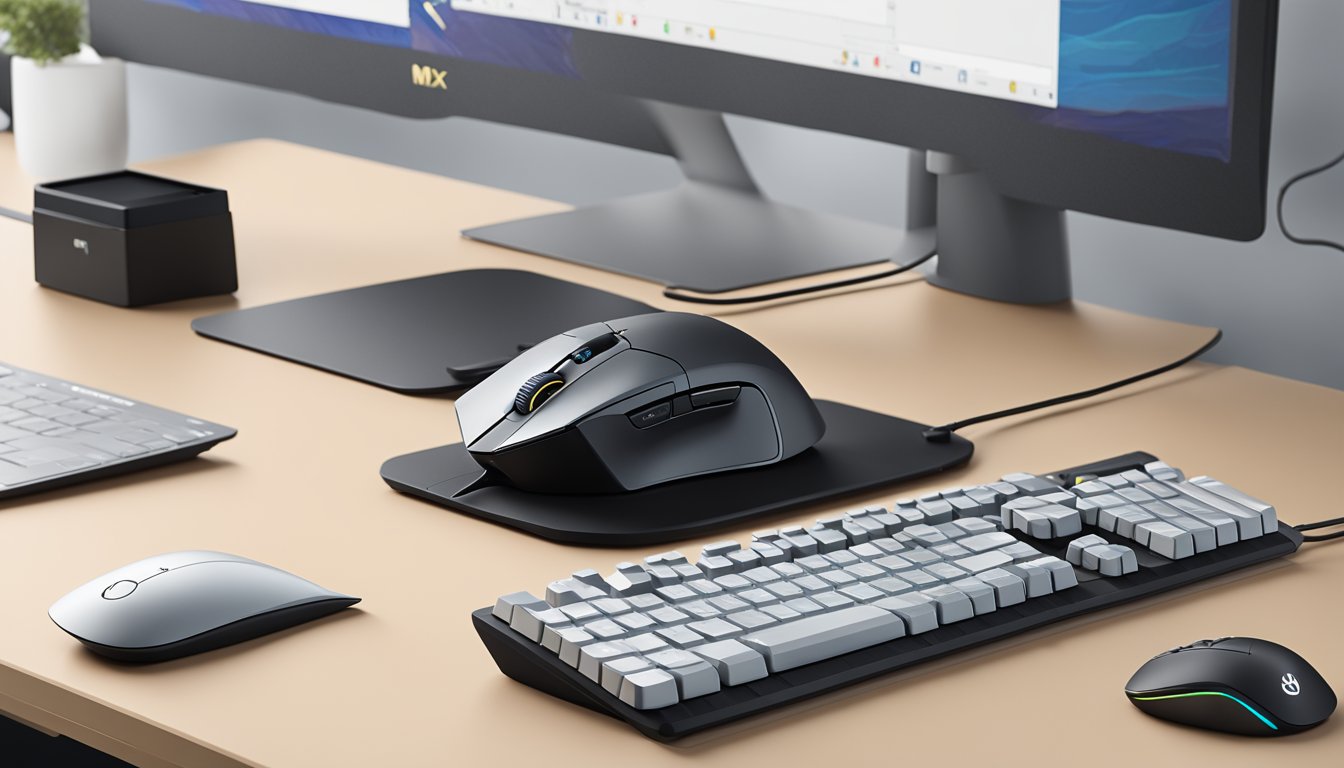 The MX Master 3 mouse sits on a sleek desk, surrounded by a keyboard and monitor. Its ergonomic design and customizable buttons are highlighted, showcasing its versatility and ease of use