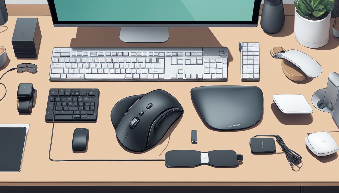 A Logitech MX Master 3 mouse sits on a sleek desk, surrounded by neatly arranged tech accessories and a computer monitor in the background