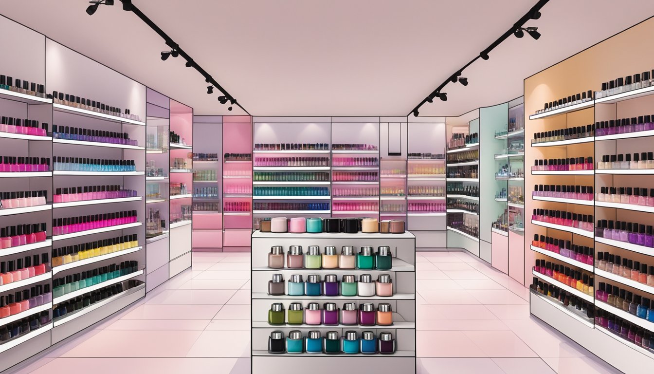 A display of OPI Nail Polish in a brightly lit store in Singapore, showcasing a variety of colors and shades. Shelves neatly arranged with bottles, with a sign indicating where to buy OPI nail polish in Singapore