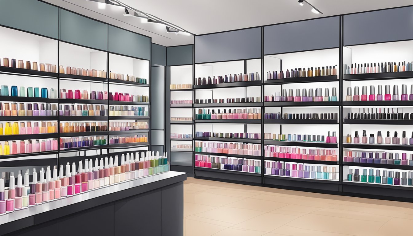 A display of OPI nail polish bottles arranged neatly on shelves in a Singaporean beauty store